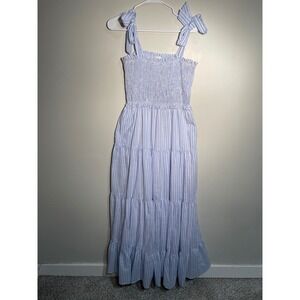&Merci Blue and White Striped Smocked Tiered Maxi Dress Size Small Coastal Beach